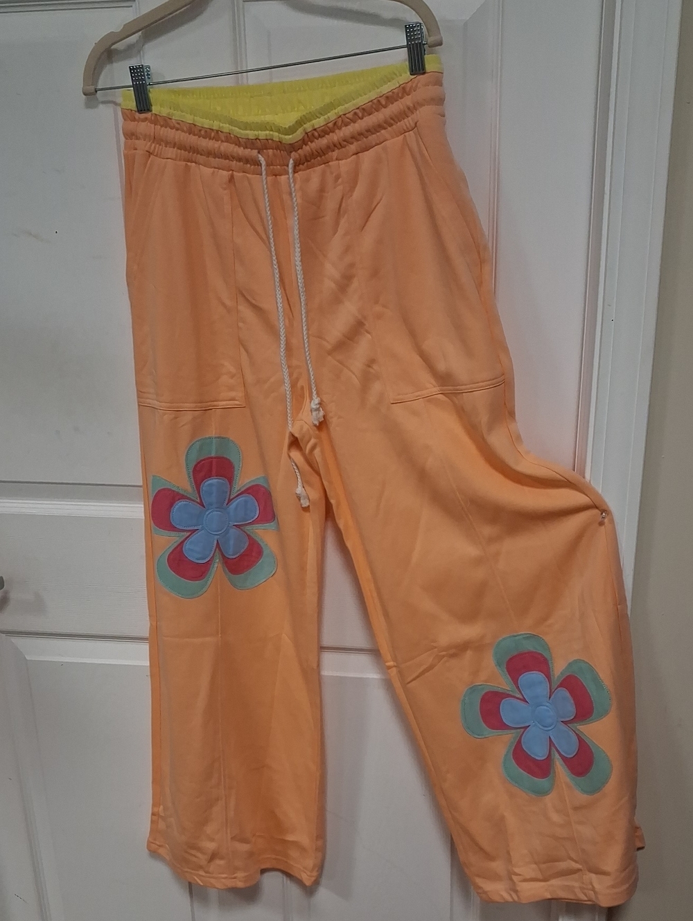 Wide Leg Peach Lounge Pants with Yellow Waistband and Floral Appliqués